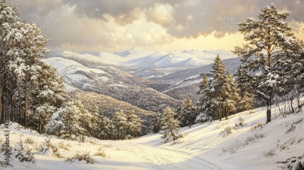 Obraz premium Serene Winter Landscape with Snow-Covered Mountains