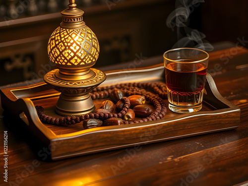 Rich Wooden Table with Aladdin Lamp, Dates, Prayer Beads, and Tea Glass with Atmospheric Glow for Ramadan photo