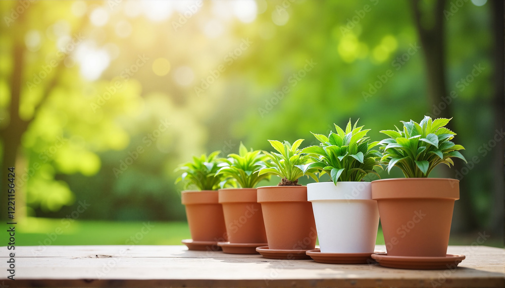 Potted plants arranged on a table in a lush garden, Garden Preparation Theme Potted plants arranged on a table in a lush garden, Garden Preparation Theme