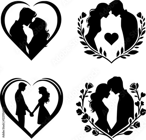 Four Romantic Silhouettes of Couples in Hearts and flowers