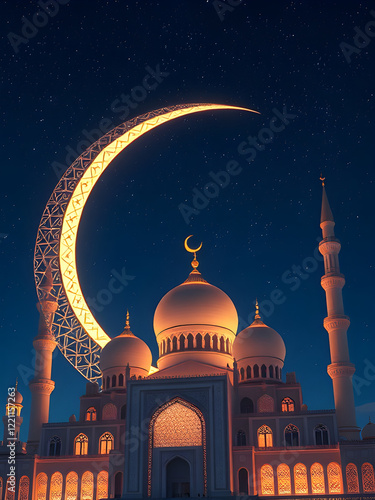 Shimmering 3D Crescent Moon with Mosque Carvings, Set Against Deep Blue Night Sky with Twinkling Stars photo