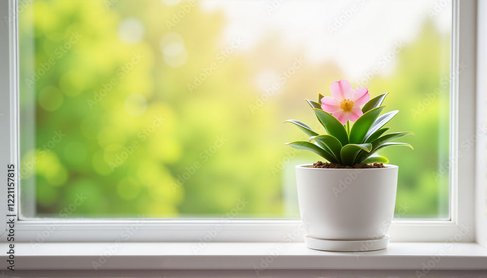 Potted plant with pink flower on window sill, Garden Preparation Theme Potted plant with pink flower on window sill, Garden Preparation Theme