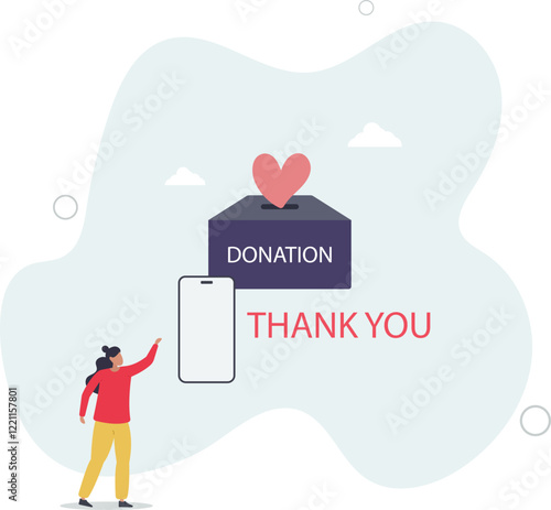 mobile phone with donation box on screen charity concept.flat characters.