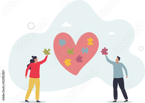 Charity project, non profit organization .Cartoon tiny volunteers fit puzzles into heart.flat characters.