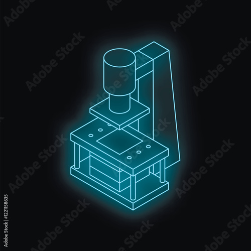 Glowing isometric blueprint of a hydraulic press operating in a dark environment, symbolizing industrial manufacturing processes