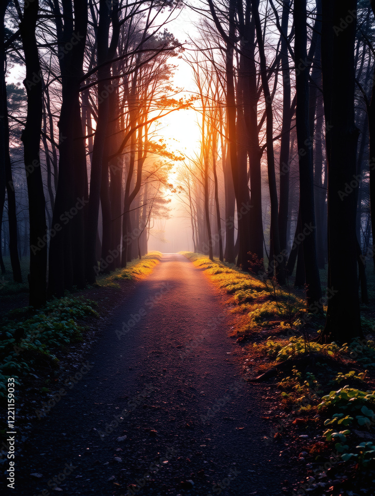 Obraz premium Sunlight filters through tall trees along a tranquil forest path at dawn