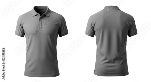 Front and rear view of a grey polo shirt on a black backdrop for design mockup