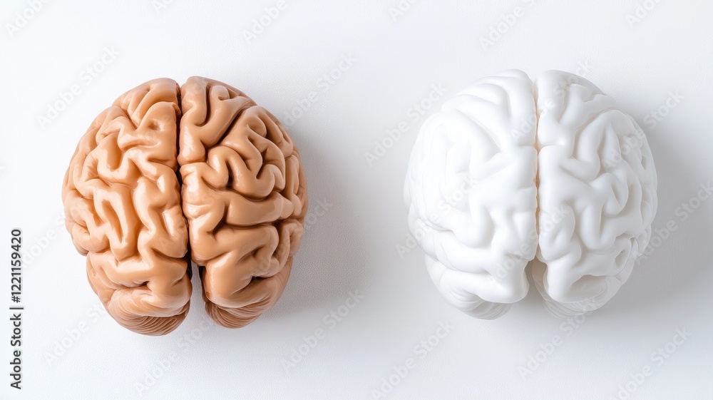 Two human brain models, one beige, white, on white background Two human brain models, one beige, white, on white background