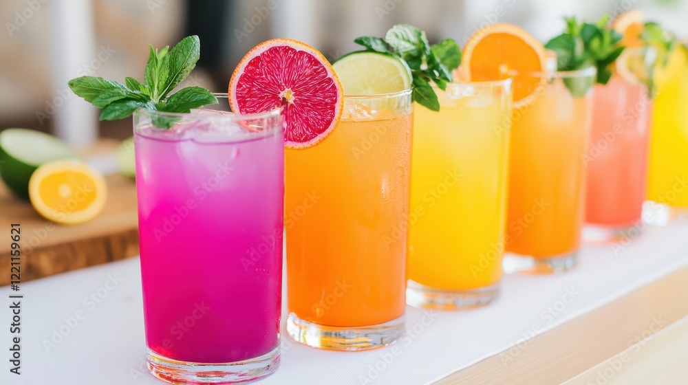 Fototapeta premium A vibrant display of colorful cocktails garnished with fresh fruit and mint, perfect for a refreshing summer experience.