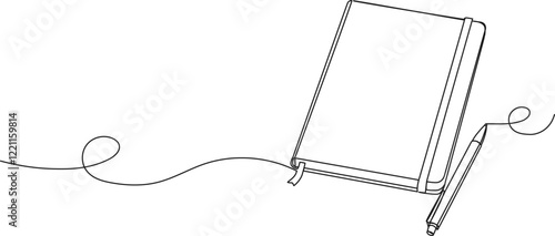 continuous single line drawing of closed journal or diary and pen, line art vector illustration