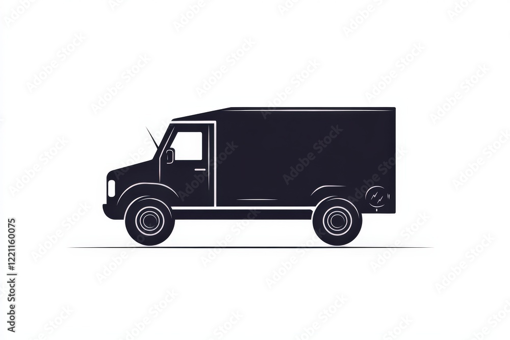 A black delivery truck is driving steadily on a plain white background A black delivery truck is driving steadily on a plain white background