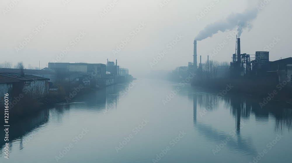 Naklejka premium Urban river polluted with industrial runoff, heavy fog reflecting the toxic atmosphere, [environmental degradation], [urban haze].