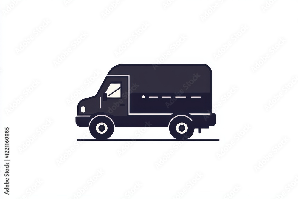 A black delivery truck is driving steadily on a plain white background A black delivery truck is driving steadily on a plain white background