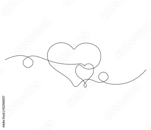 Two heart and love sign. One continuous line drawing of love icon. Symbol of Valentine day and romantic moment. Editable stroke. Doodle line illustration