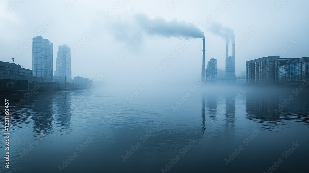 Fototapeta premium Urban river polluted with industrial runoff, heavy fog reflecting the toxic atmosphere, [environmental degradation], [urban haze].