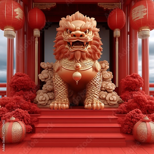 Golden Foo Dog shrine, Asian temple, red lanterns, cloudy sky, holiday greeting photo