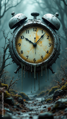 Wallpaper Mural An old clock with a vintage look set against a backdrop of an ominous forest scene, conveying a sense of urgency about time and the environment. Torontodigital.ca
