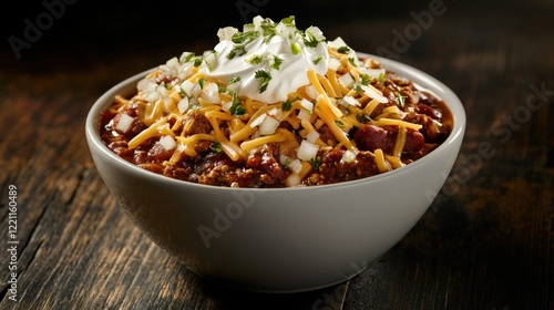 Close-up of a hearty bowl of chili topped with cheese sour cream and onion photo