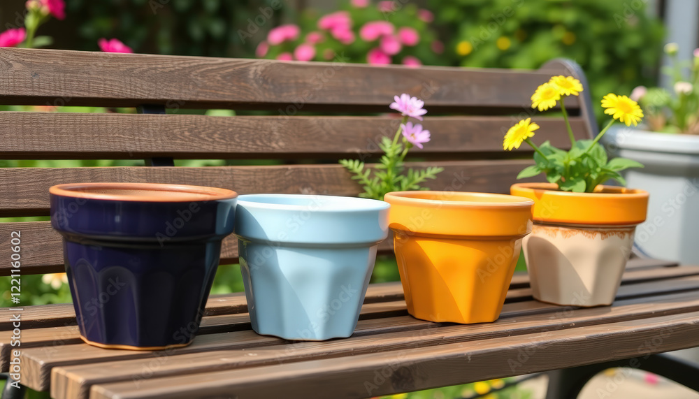 An arrangement of colorful clay pots lined up neatly on a rustic wooden bench. An arrangement of colorful clay pots lined up neatly on a rustic wooden bench.