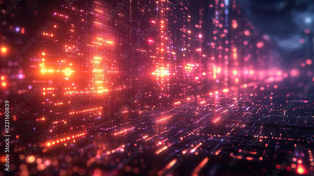 A futuristic digital landscape featuring a three-dimensional cluster of glowing geometric blocks in various colors, A futuristic digital landscape featuring a three-dimensional cluster of glowing geometric blocks in various colors,