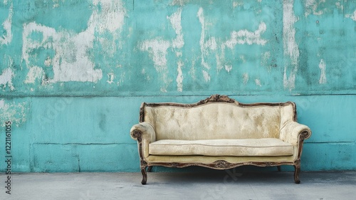 Wallpaper Mural Vintage sofa against distressed teal wall backdrop Torontodigital.ca