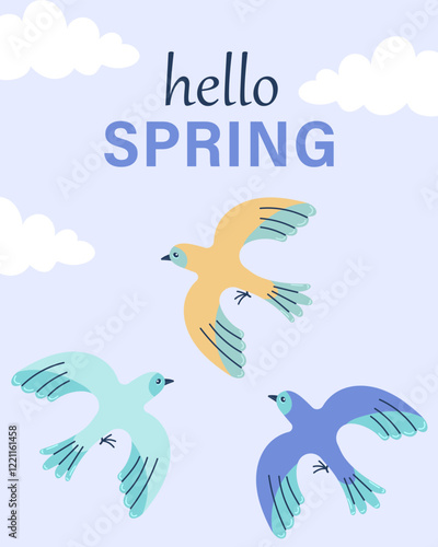 Hello spring greeting card invitation with bird. Floral springtime hand drawn illustration.