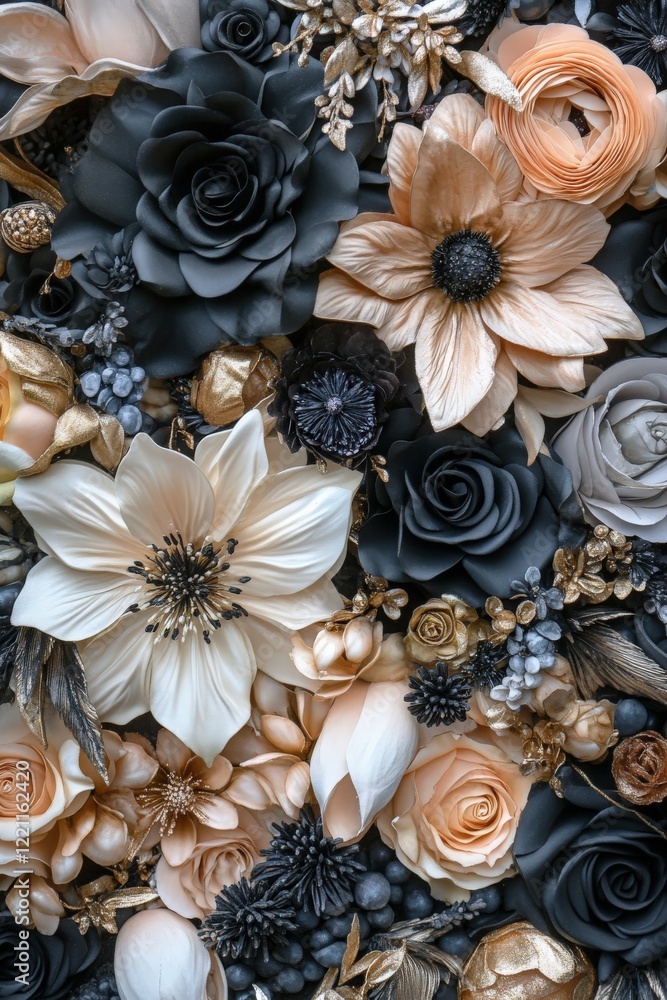 Floral arrangement featuring elegant black and gold blooms Floral arrangement featuring elegant black and gold blooms