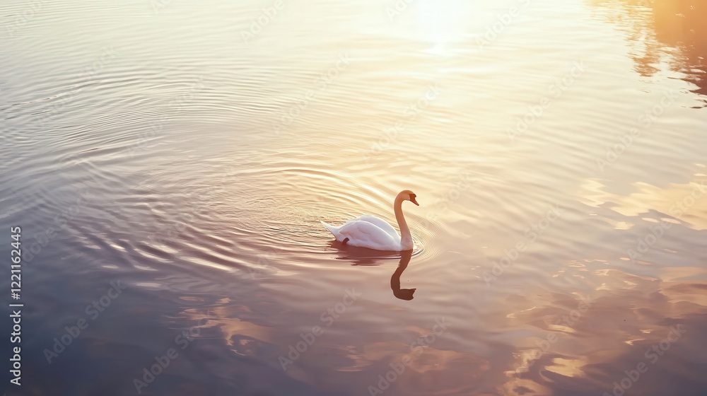 Fototapeta premium A graceful swan gliding across a crystal-clear lake, reflecting the soft, golden light of the setting sun, with gentle ripples creating a peaceful, serene atmosphere.