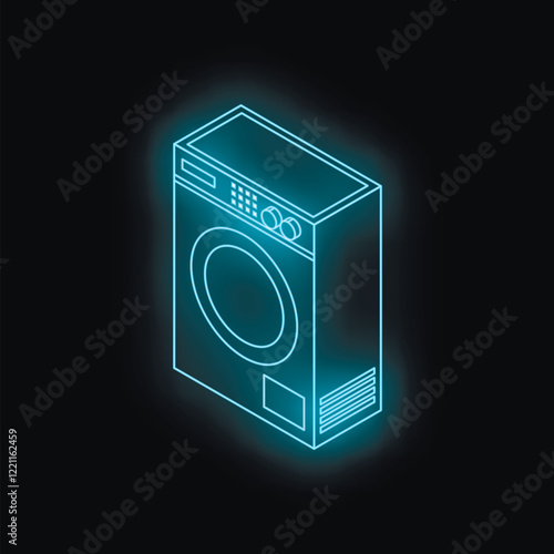 Neon glowing washing machine on black background representing futuristic appliance technology