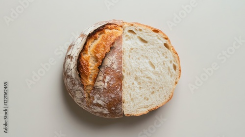 Half-sliced round rustic bread showing crusty exterior and soft interior