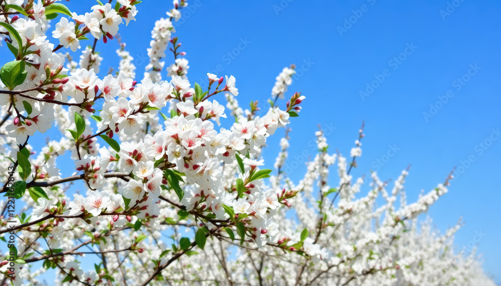Rows of blossoming white trees under a clear blue sky, showcasing the beauty of spring in an orchard or park. Rows of blossoming white trees under a clear blue sky, showcasing the beauty of spring in an orchard or park.