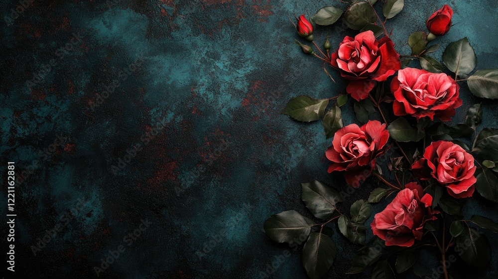 Fototapeta premium Red roses against dark textured background, symbolizing love and passion