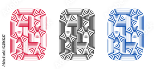Interwoven abstract line art designs in red, black, and blue. Features geometric looping patterns with a modern aesthetic, ideal for logos, branding, textiles, and decorative projects. Vector