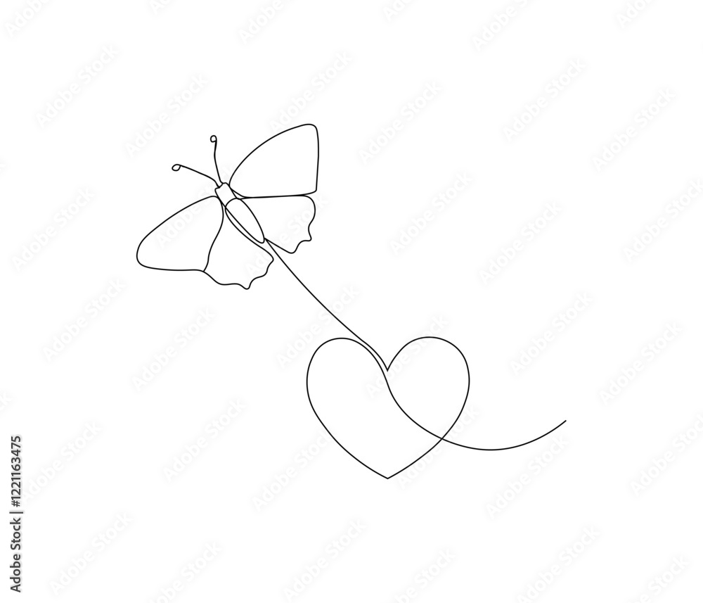 Butterfly and love sign. One continuous line drawing of heart. Symbol of Valentine day and romantic moment. Editable stroke. Doodle line illustration Butterfly and love sign. One continuous line drawing of heart. Symbol of Valentine day and romantic moment. Editable stroke. Doodle line illustration