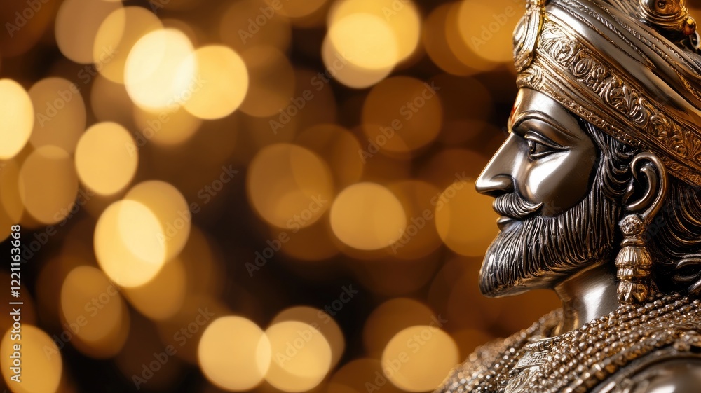 Fototapeta premium Detailed statue of royal figure in golden light bokeh background