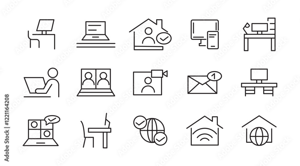 Work from home line icon set. Contains such Icons as a freelancer, Remote work, Coworking, Video Conference, hybrid work, digital nomad, and Remote work line icon set. UI thin line icon pack. Work from home line icon set. Contains such Icons as a freelancer, Remote work, Coworking, Video Conference, hybrid work, digital nomad, and Remote work line icon set. UI thin line icon pack.