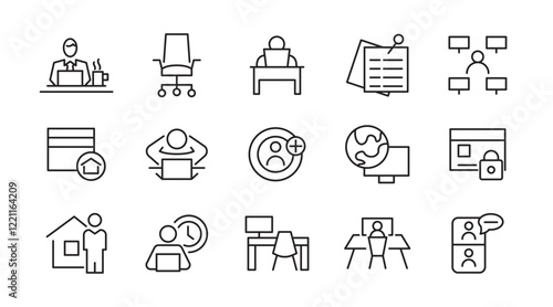Work from home line icon set.  Contains such Icons as a freelancer, Remote work, Coworking, Video Conference, hybrid work, digital nomad, and Remote work line icon set. UI thin line icon pack.