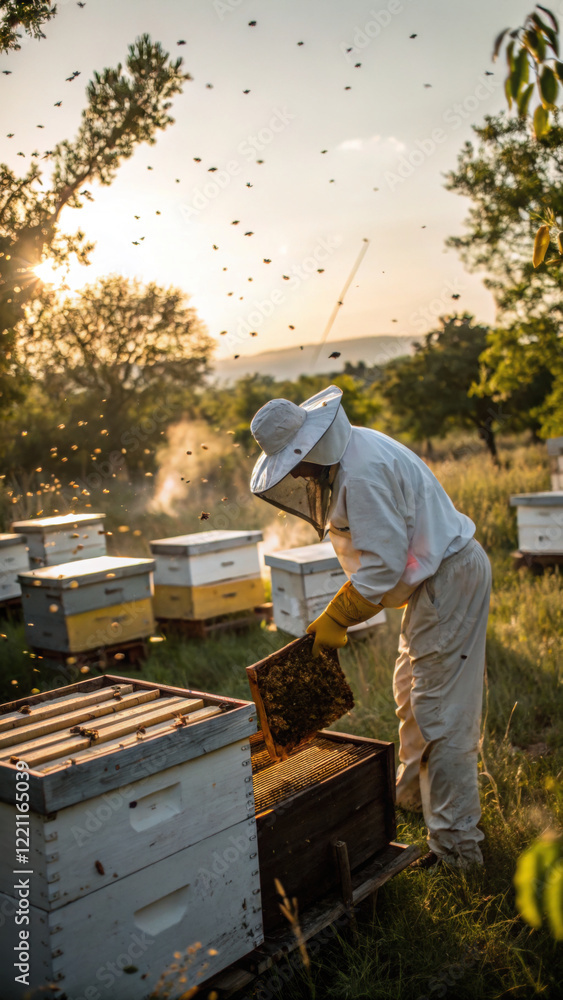 Beekeeper tending to hives in sunny field, surrounded by bees and nature Beekeeper tending to hives in sunny field, surrounded by bees and nature