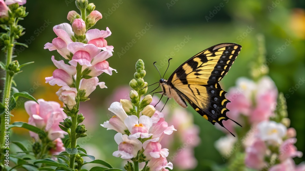 Obraz premium Eastern Tiger Swallowtail Butterfly on Snapdragon Flowers Macro Photography, Close-up Composition, Nature, Wildlife Butterfly, Snapdragon