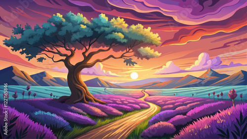 Majestic scenery of lonely tree growing in field with blooming lavender flowers on background of colorful sundown sky