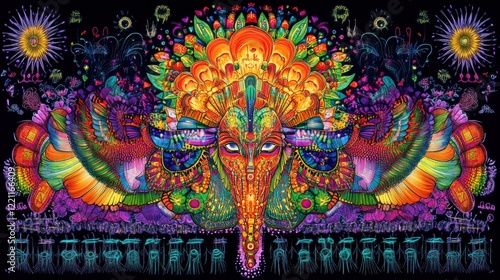 Wallpaper Mural Psychedelic Colorful Abstract Art with Floral and Face Motifs Torontodigital.ca