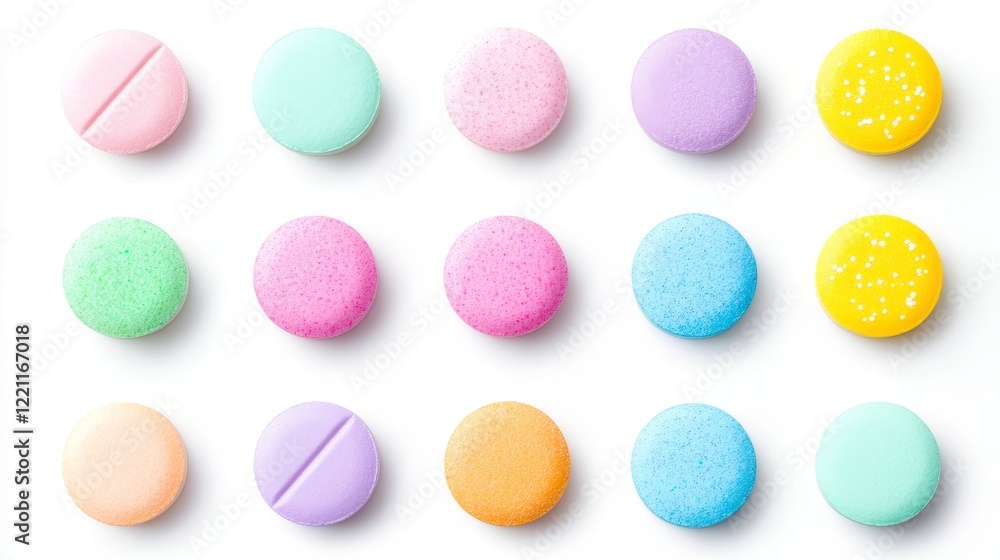 Assorted Pastel Pharmaceutical Tablets - A collection of pastel-colored tablets, symbolizing healthcare, medicine, wellness, pharmacy, and treatment. Assorted Pastel Pharmaceutical Tablets - A collection of pastel-colored tablets, symbolizing healthcare, medicine, wellness, pharmacy, and treatment.