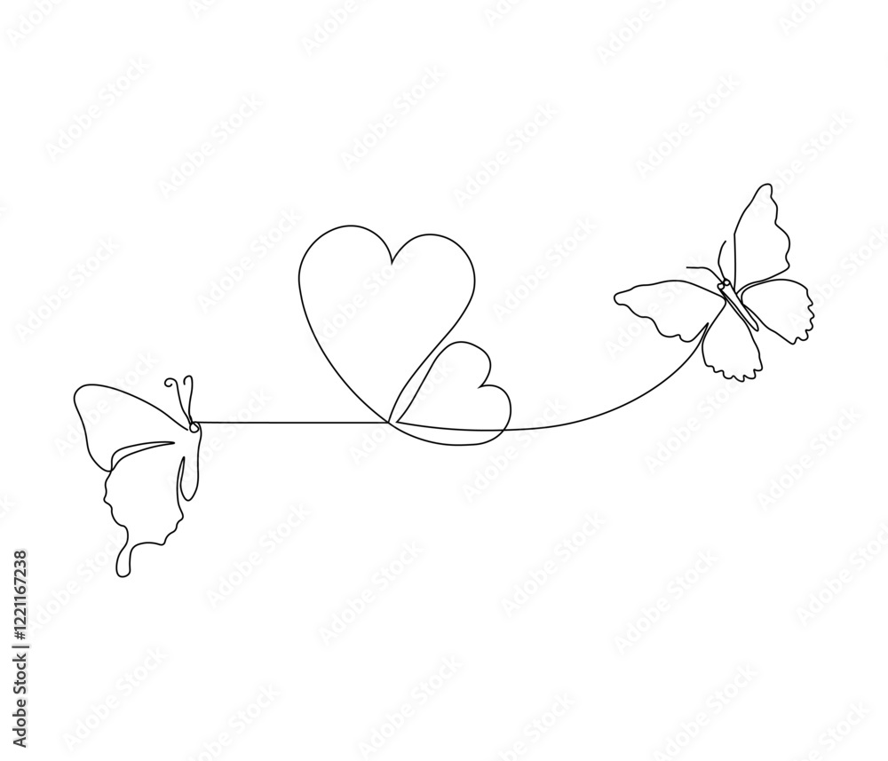 Fototapeta premium Two butterfly and love sign. One continuous line drawing of heart. Symbol of Valentine day and romantic moment. Editable stroke. Doodle line illustration