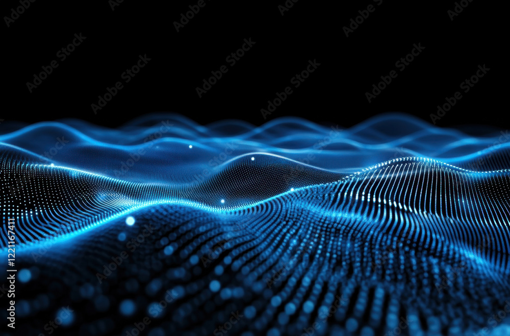 Glowing blue digital network forming wave patterns under a dark background at an abstract representation of data flow Glowing blue digital network forming wave patterns under a dark background at an abstract representation of data flow