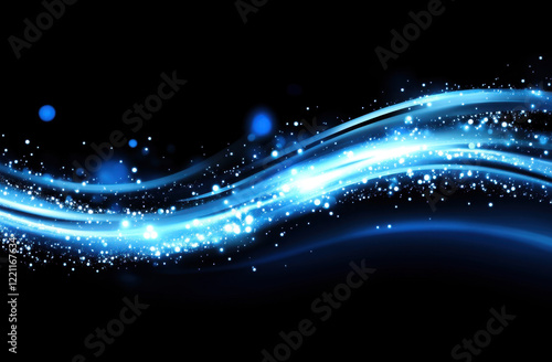 Glowing blue wave of digital data reflecting movement and energy in a dark background