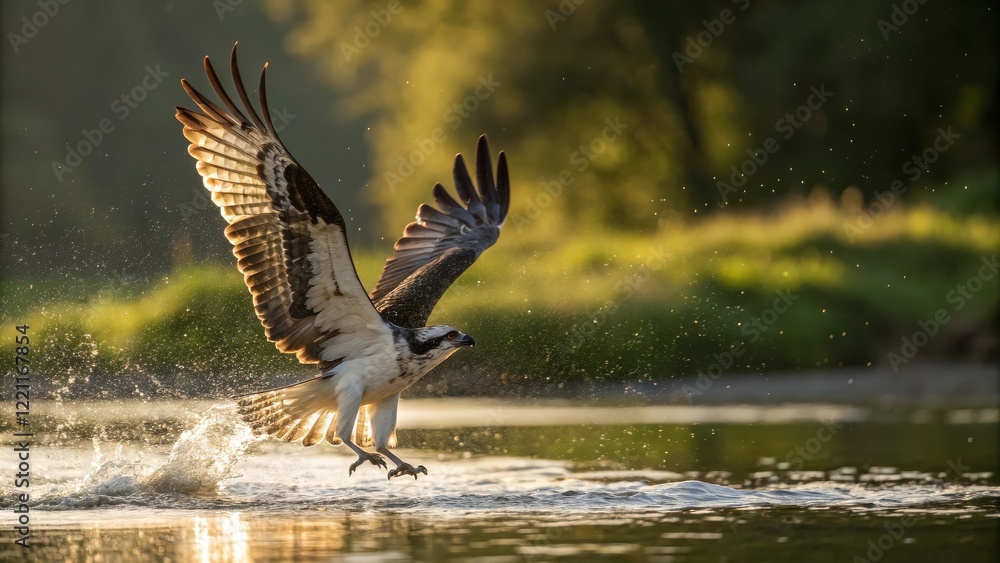 Obraz premium Osprey in Flight Golden Hour Water Splash, Dynamic Composition, Wildlife Photography, Bird, Pandion haliaetus Bird photography, Raptor