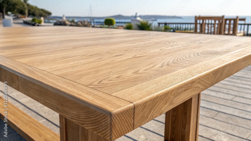 Fototapeta premium Outdoor Wooden Table Close-up of Oak Grain, Coastal Setting, Modern Design, Wood Texture Outdoor furniture, wood table