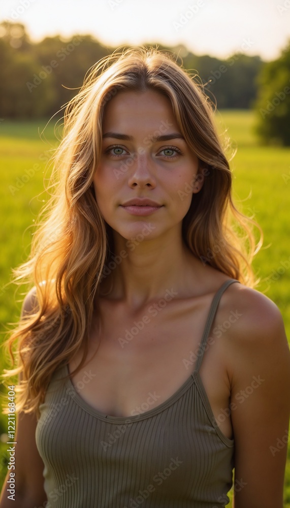 Young woman smiling in a sunlit green field Young woman smiling in a sunlit green field