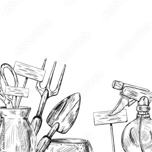 A vector border of farmers tools watering can, rake, spray, pot in black ink graphically. Equipment for gardens, greenhouses and florists. Agriculture, cultivation of plants, flowers, hobby, pastime