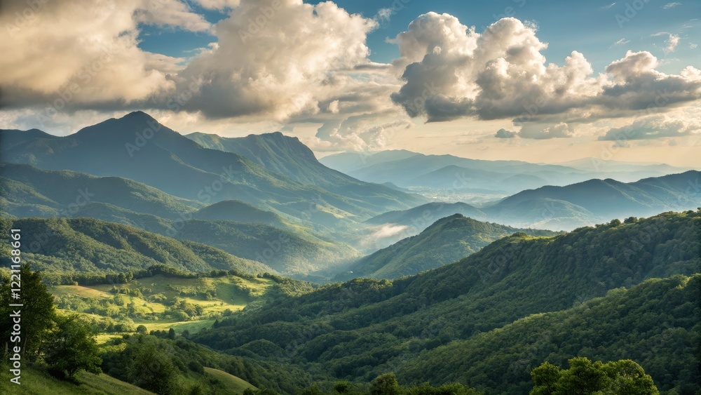 Fototapeta premium Serene Mountain Landscape Wide Shot Composition, Lush Green Hills, Dramatic Cloudscape, Natural Beauty, Italy landscape photography, mountain range